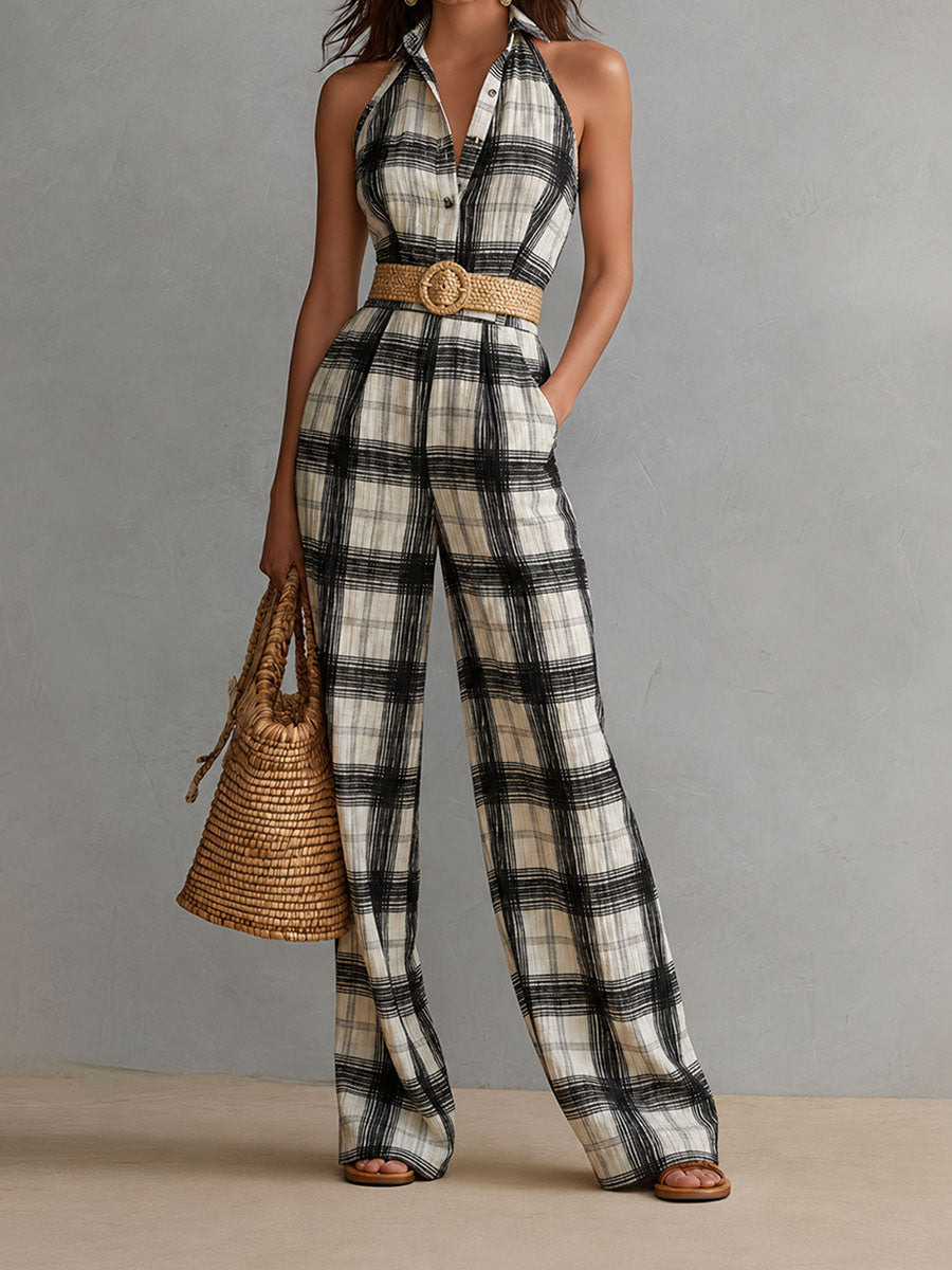 Boho Black And Ivory Plaid Pleated Linen Halter Wide-Leg Jumpsuit