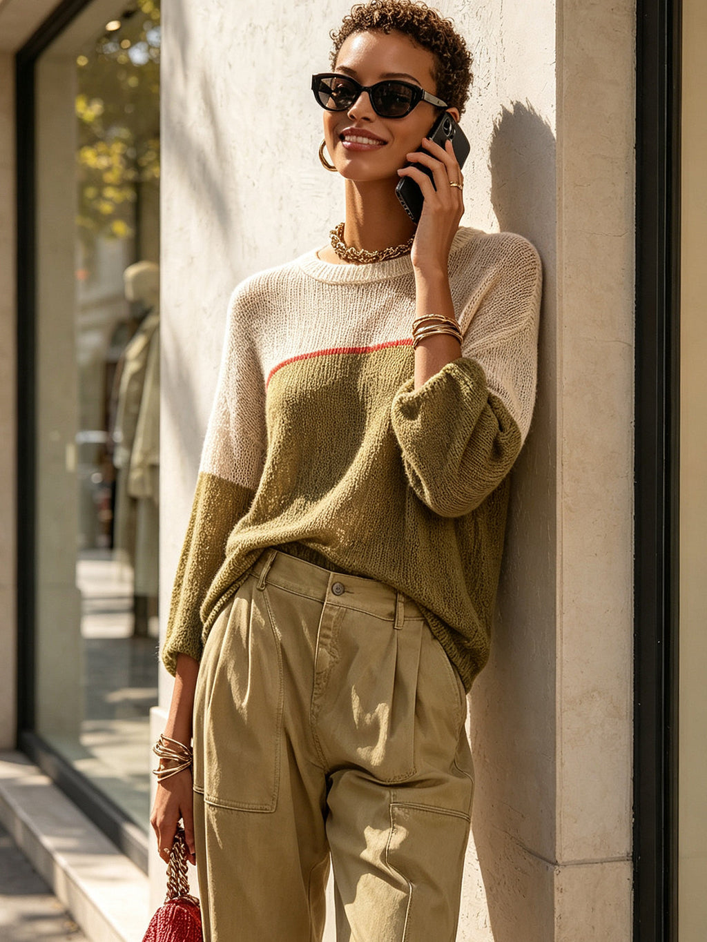 Olive Colorblock Lightweight Knit Sweater