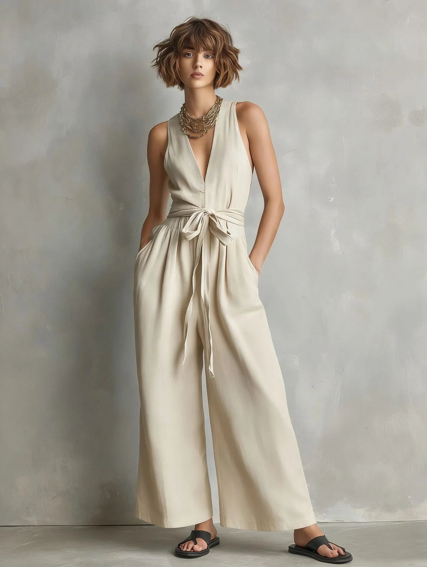 Momocco Elegant Waist-Knot Jumpsuit - Sleeveless Wide-Leg One-Piece Quiet Luxury Set