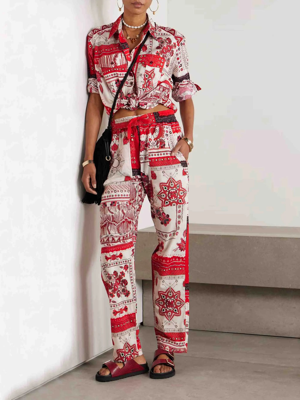 Casual Ethnic Floral Print Drawstring Wide-leg Pants
