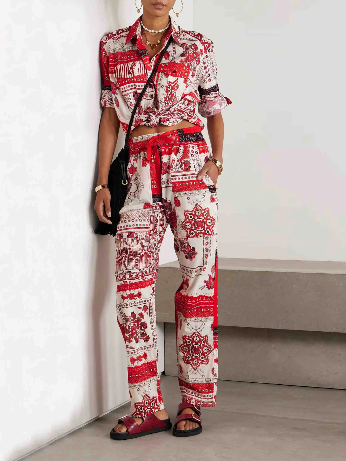 Casual Ethnic Floral Print Drawstring Wide-leg Pants