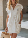 Retro Casual Versatile Lapel Front Zipper Cargo Pocket White Cotton Mini Dress