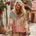 Women's Floral Embroidery Color Block Boho Casual Zip-up Hoodie