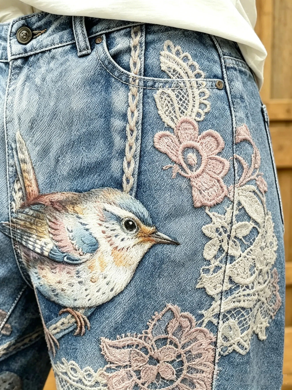 Women's Bird Print Denim Bermuda Shorts