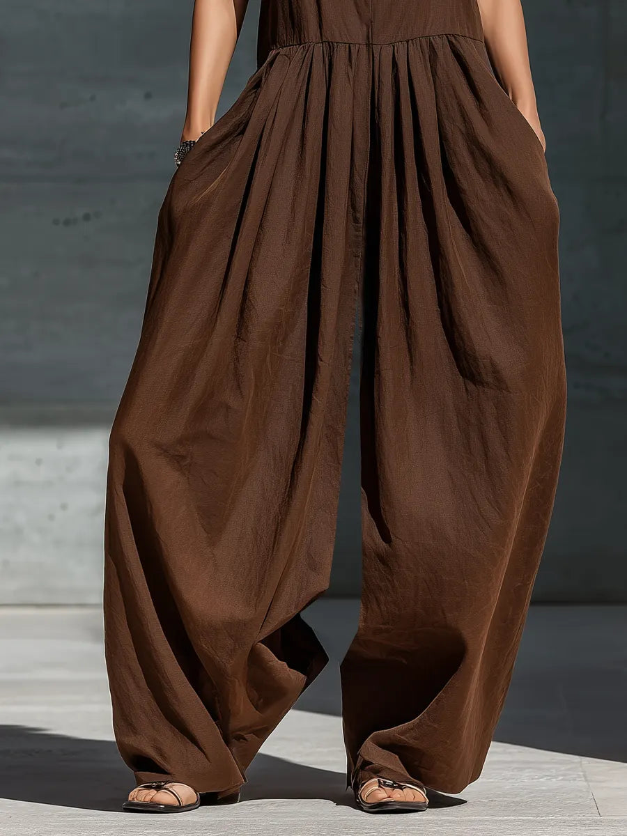 Women’s Casual Resort Wear Brown Sleeveless Keyhole Detail Pleated Waist Extra Wide Leg Pocket Jumpsuit MDZ3003F1T