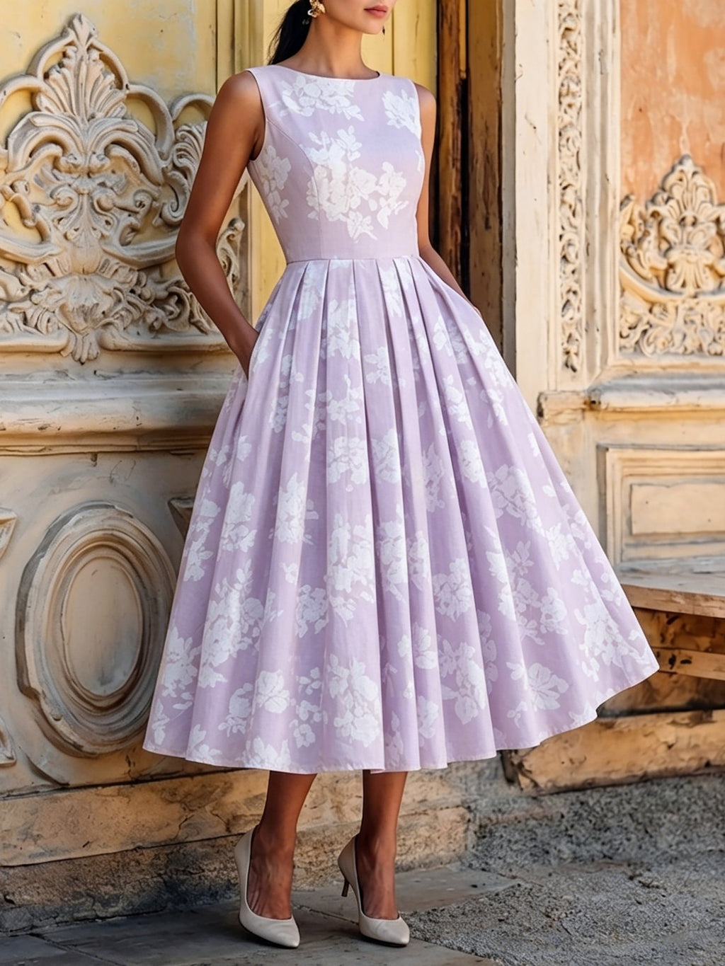 (SIZE:XS-XXL) Midi Linen Dress, Sleeveless, Linen Blend, Floral, Renaissance, Red