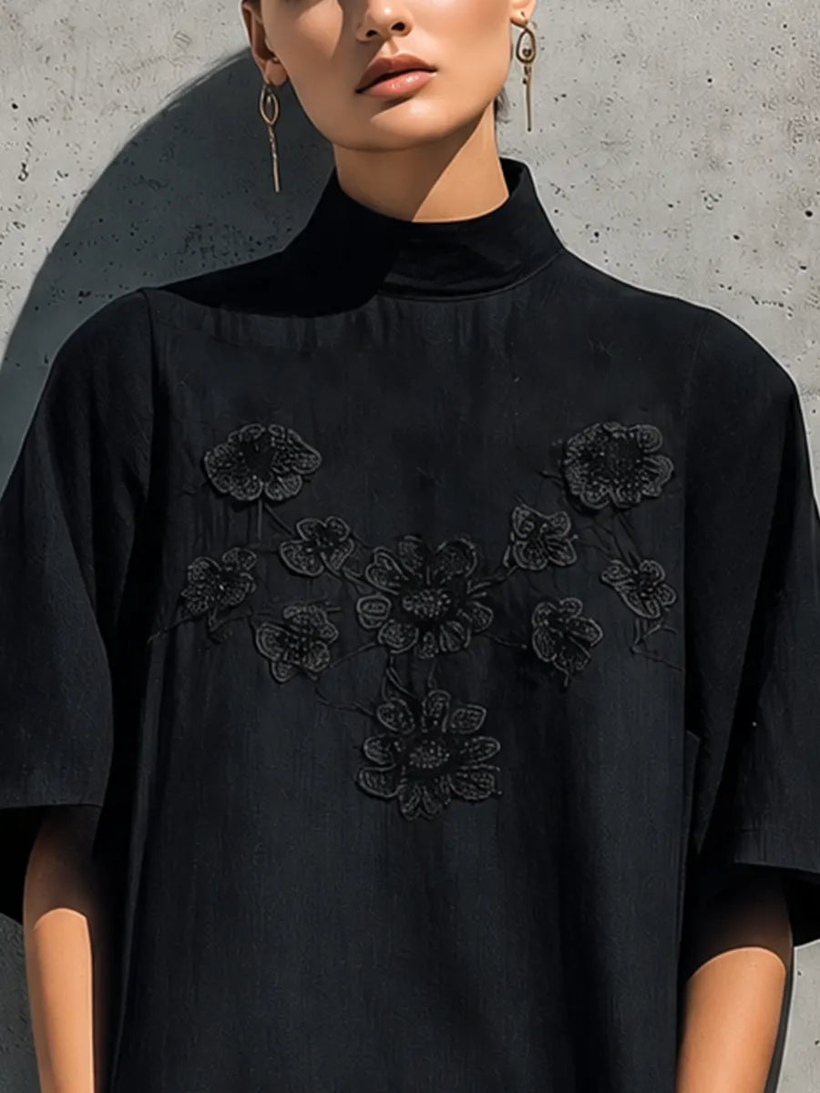 Women's Black Linen High Neck Floral Lace Embroidery Short Sleeve Pocket Loose Midi Dress MDZ0905G9YZJ