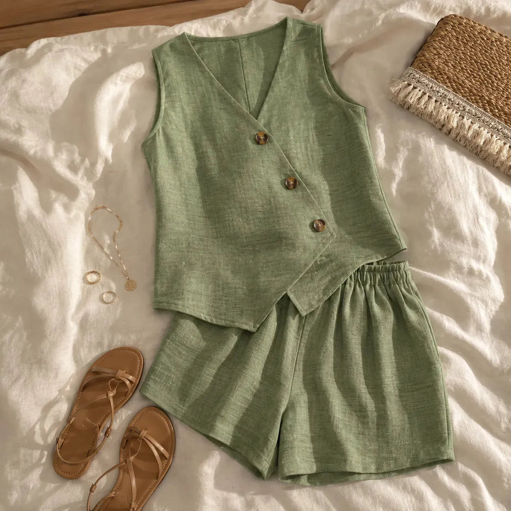 Solene – Asymmetric Wrap Vest and Shorts Set for Women, Summer 2 Piece Outfit
