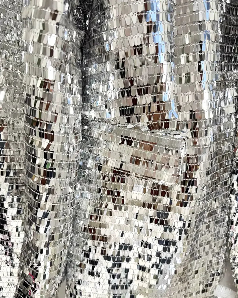 Long Sleeve Mirrored Sequin Suit Silver