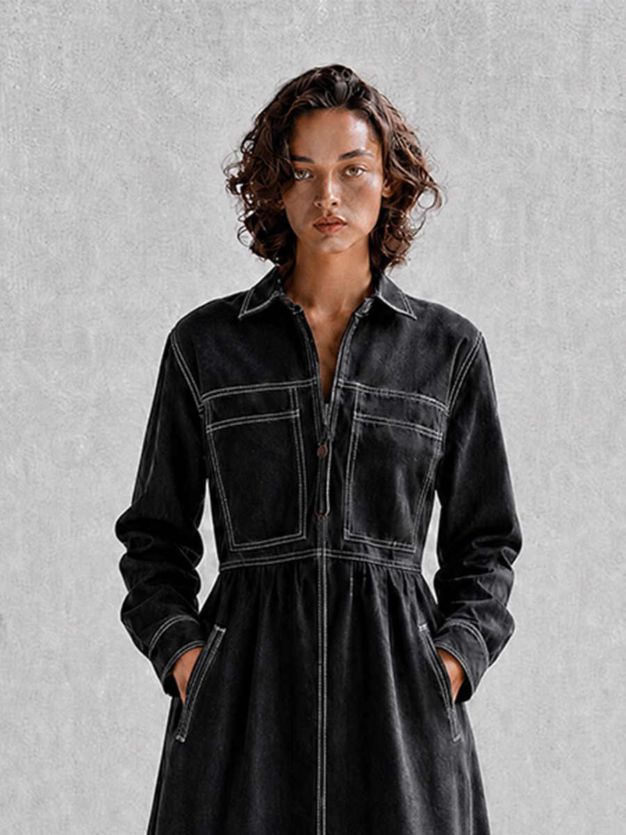 Women's Black Contrast-Stitch Collared Long-Sleeve Cinched-Waist Denim Shirt Maxi Dress MDZ1591G0CMX