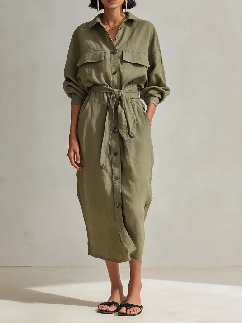 Women's Utility Style Olive Green Linen Blend Collared Long Sleeve Belted Button-Front Patch Pocket Midi Shirt Dress MDZ1569G6ZSQ