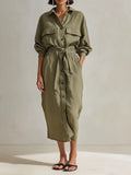 Women's Utility Style Olive Green Linen Blend Collared Long Sleeve Belted Button-Front Patch Pocket Midi Shirt Dress MDZ1569G6ZSQ