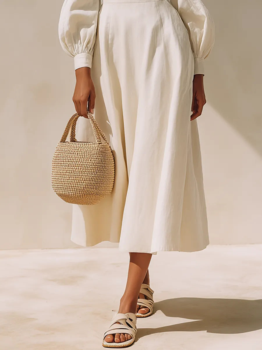 Women's Off White Linen Blend Midi Dress With Square Neck Cutout Balloon Long Sleeves, Minimalist Elegant Flowy Vacation Midi Dress MDZ0268G6LYL