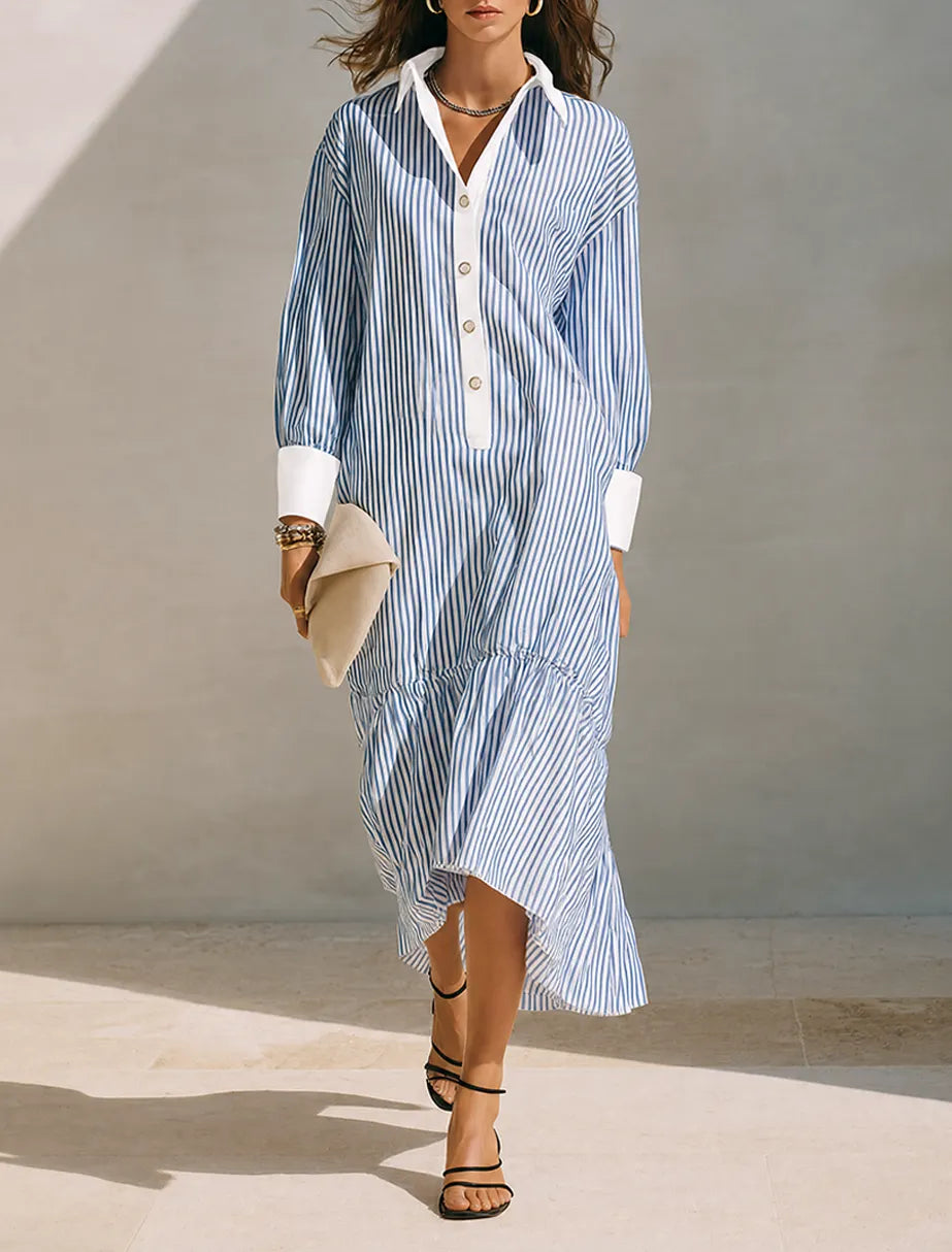 Women's Blue & White Vertical Stripe Cotton-Linen Shirt Dress With Contrast Cuffs MDZ0822G8ZRK