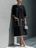 Women's Luxury Commuter Black Cotton Blend Contrast Stitch Patch Pocket 3/4 Sleeve Midi Dress MDZ1060G4GMJ
