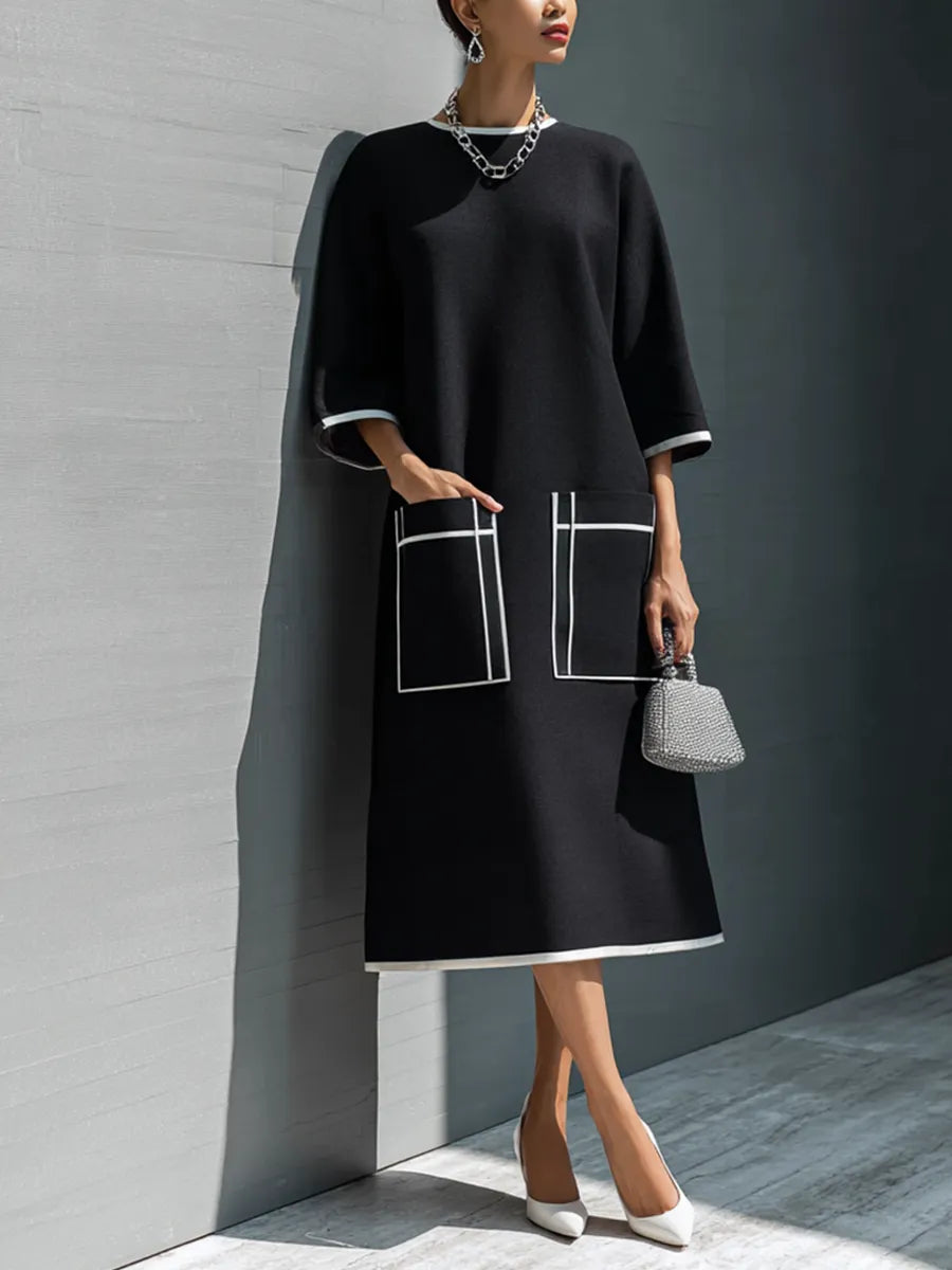 Women's Luxury Commuter Black Cotton Blend Contrast Stitch Patch Pocket 3/4 Sleeve Midi Dress MDZ1060G4GMJ