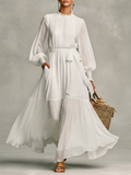 Women's White Chiffon Maxi Dress With Ruffle High Neck Vertical Pleats & Self-Tie Waist Belt, Minimalist Vacation Lantern Sleeve Long Maxi Dress MDZ1605G2LYL