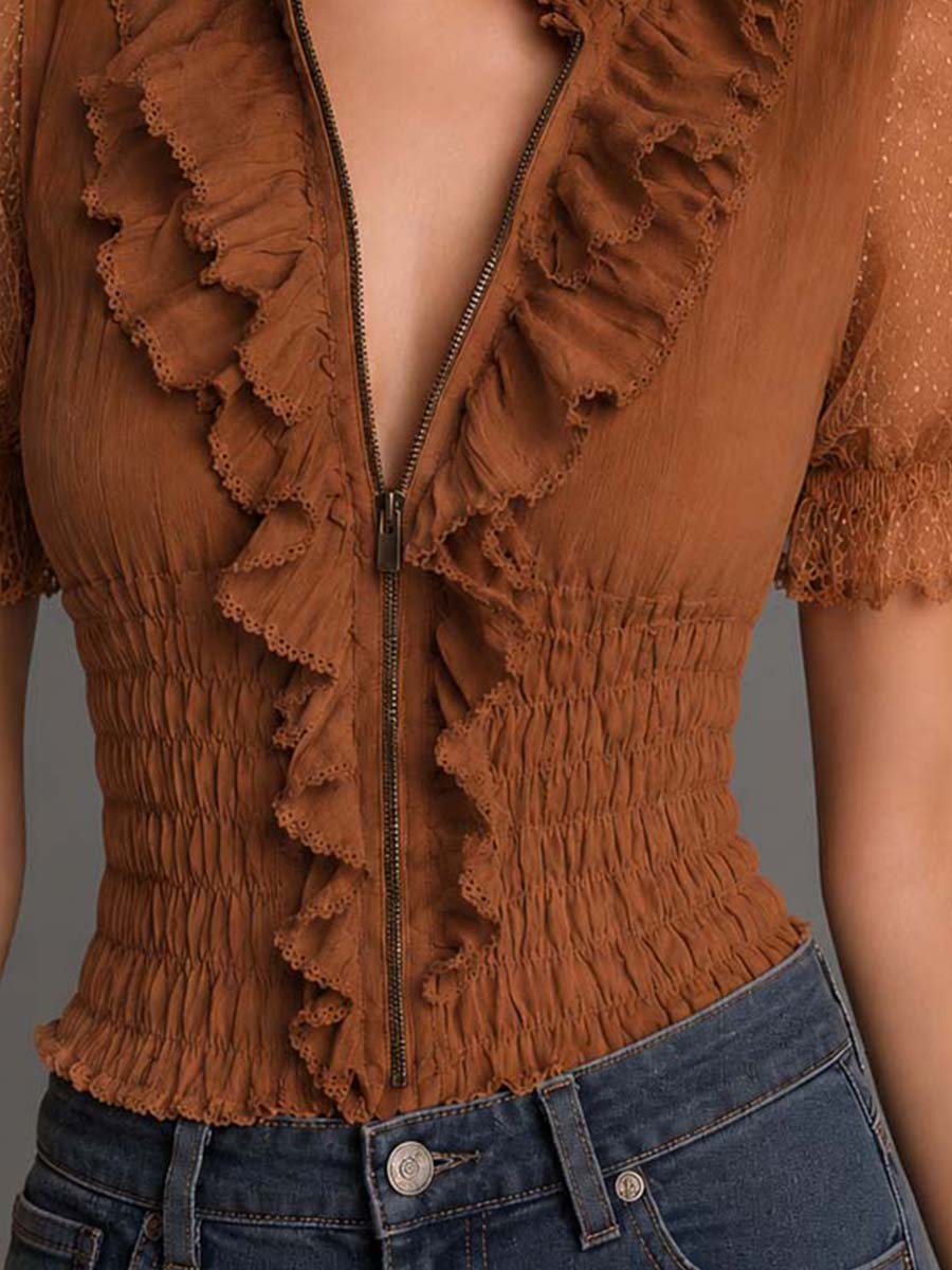 Caramel Cotton Mesh Puff Sleeve Ruffled Blouse