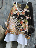 Chrysanthemum Japanese Floral Contrast Linen Blend Tunic