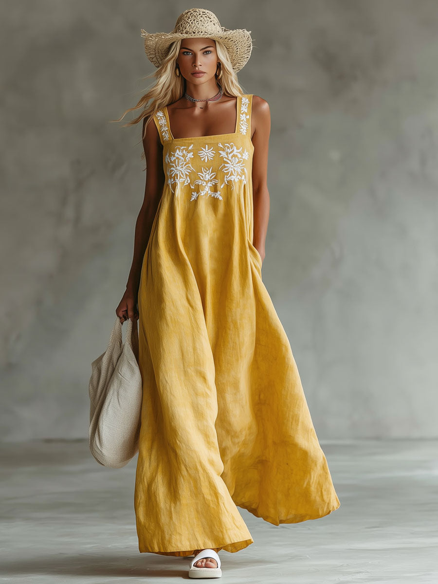 Yellow Cotton And Linen Embroidered Sleeveless Maxi Dress