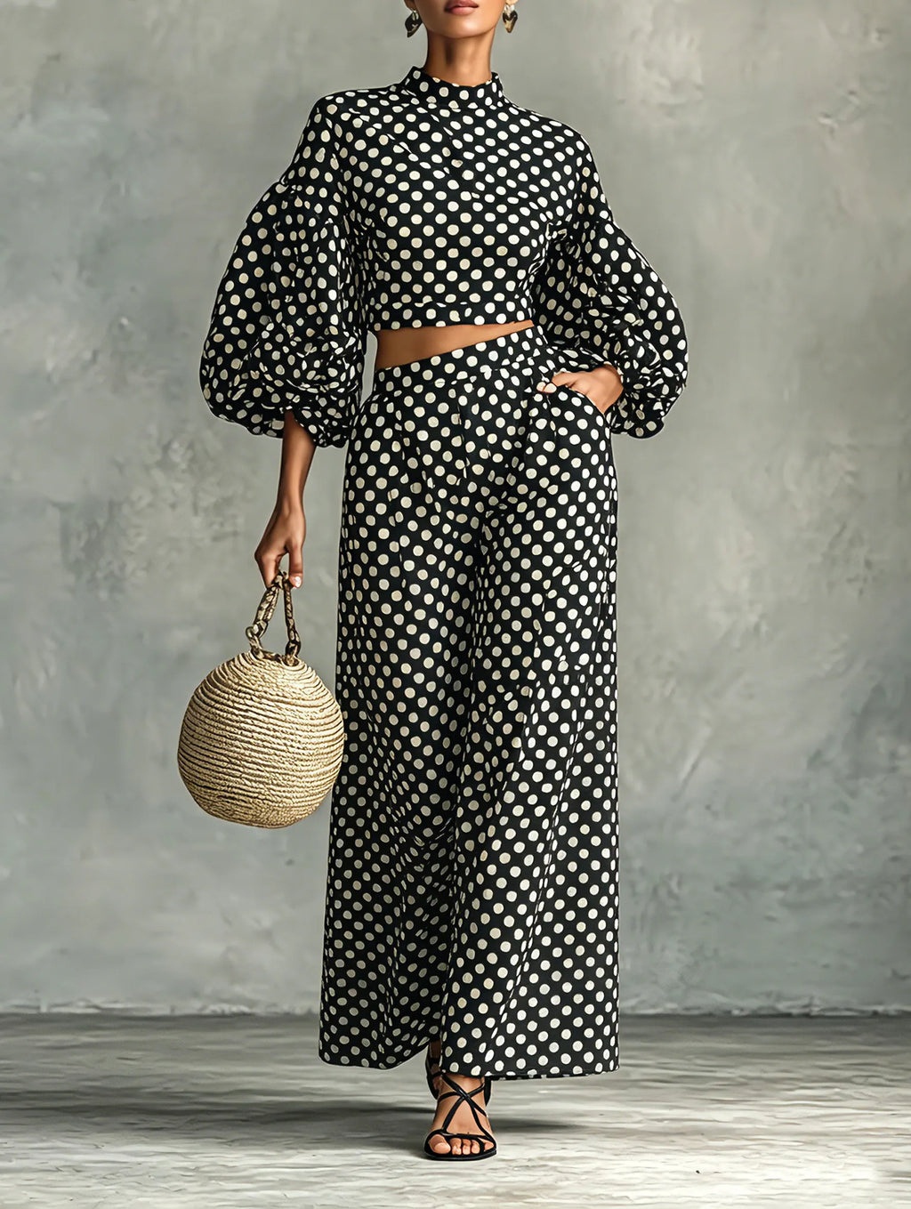 Women's Minimalist Polka-Dot Lantern-Sleeve Blouse And Wide-Leg Pants Set MDZ0967G6WY