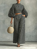 Women's Minimalist Polka-Dot Lantern-Sleeve Blouse And Wide-Leg Pants Set MDZ0967G6WY