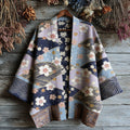 Retro Japanese Floral Traditional Sashiko Art Print Cotton And Linen Blend Kimono Cardigan