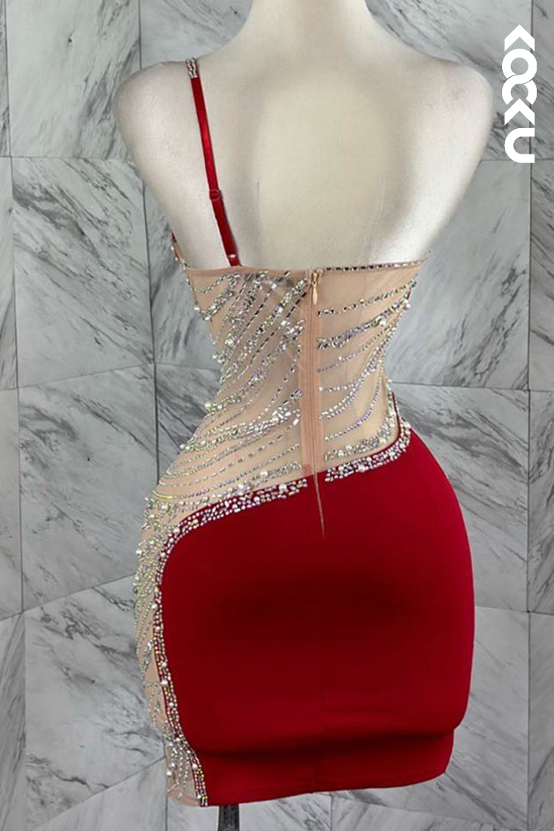 H5269 - One Shoulder Beaded Sheer Tulle Satin Sheath Mini Homecoming Dress