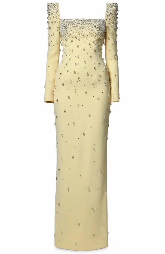 Long Sleeve Crystal Maxi Dress Yellow