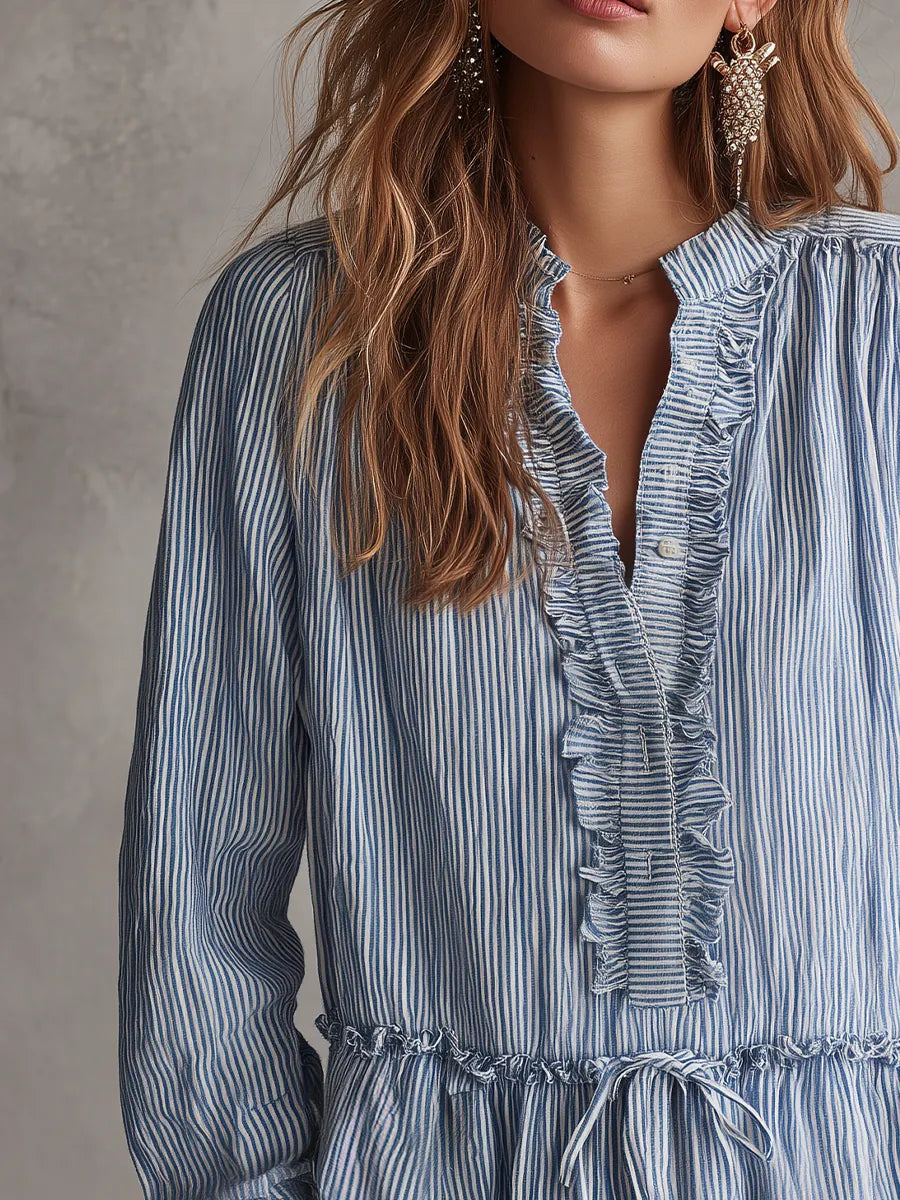 Romantic Blue Striped Ruffle Blouse