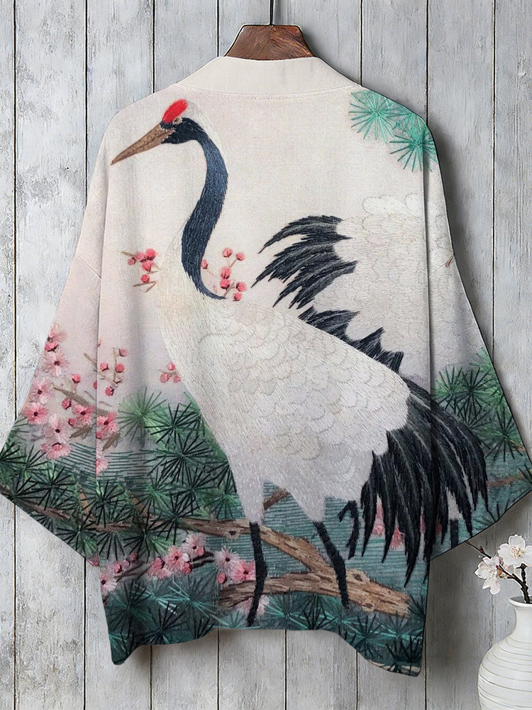 Vintage Cranes & Cherry Blossom Art Linen Kimono