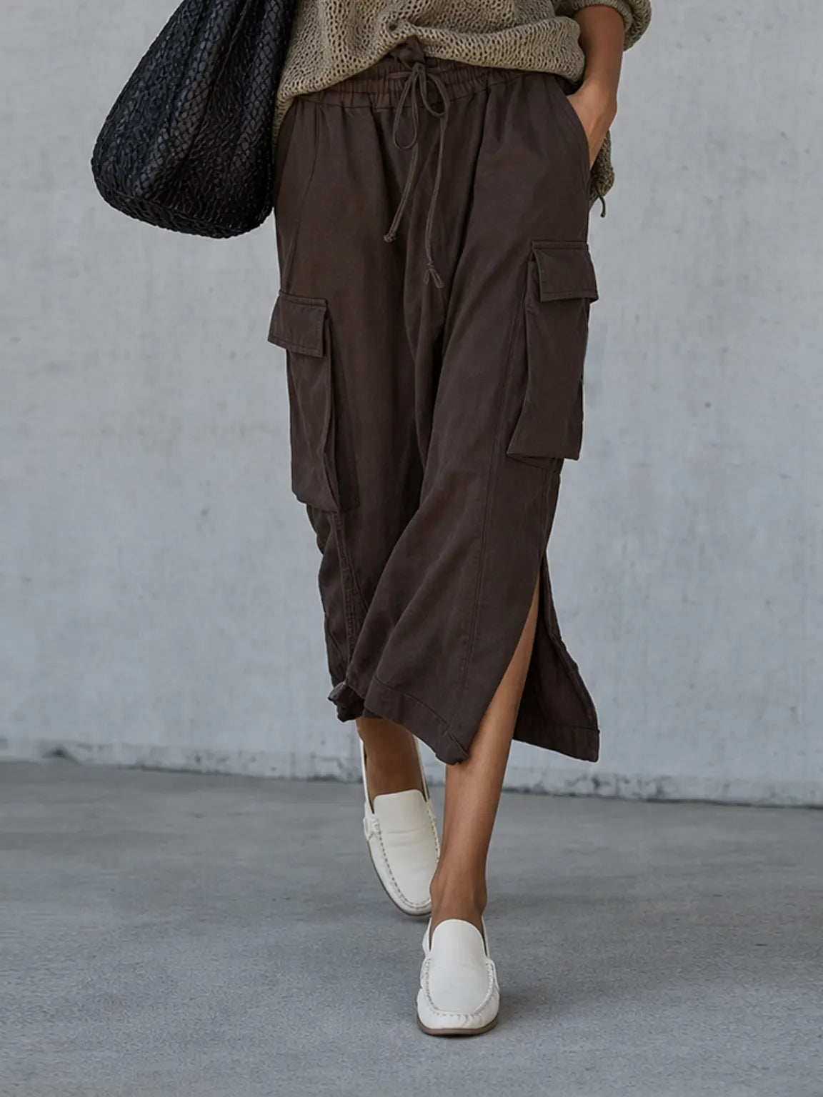 Women's Minimalist Pointelle Half-Zip Long-Sleeve Sweater & Drawstring Utility Midi Skirt Set MDZ2042G1WY