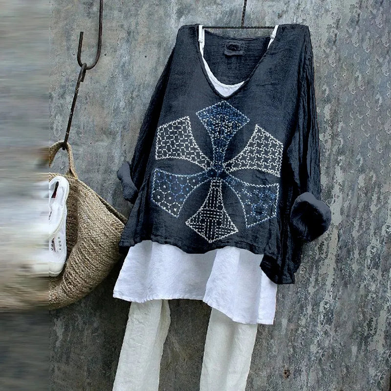 Vintage Embroidered Stitched Textile Art Linen Blend Tunic