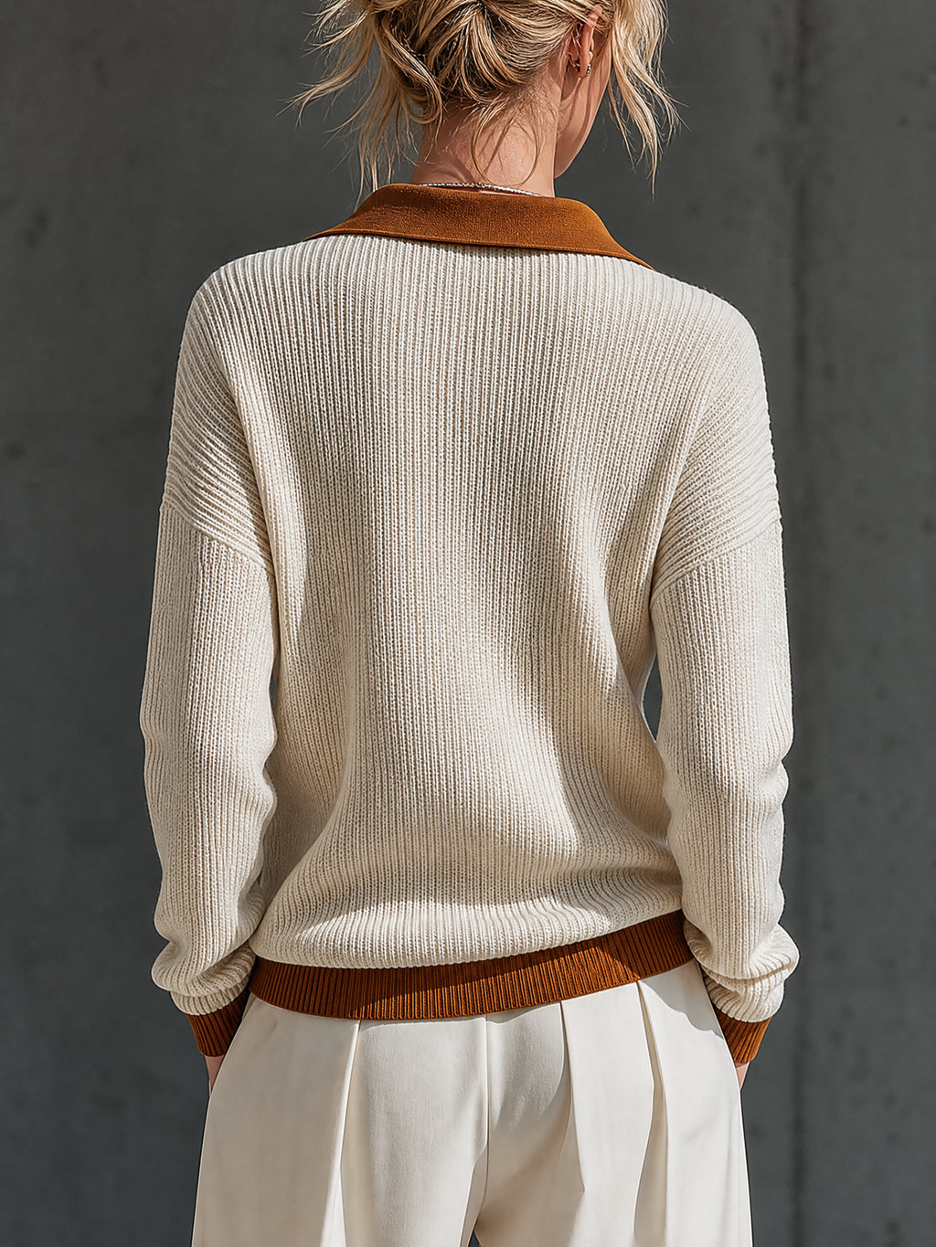 Women's Cream Rust Color Block Collared Button Front Ribbed Knit Long Sleeve Top MDZ2211G7YZJ