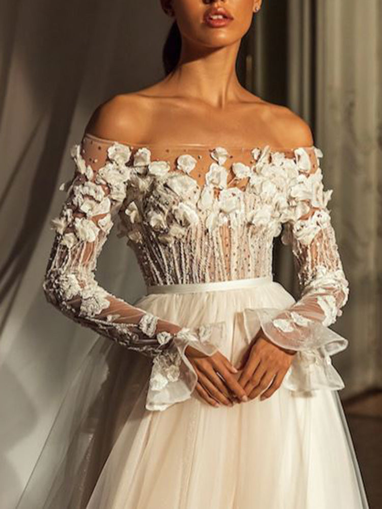 Stylish Off-The-Shoulder Applique See-Through A-Line Wedding Maxi Dress