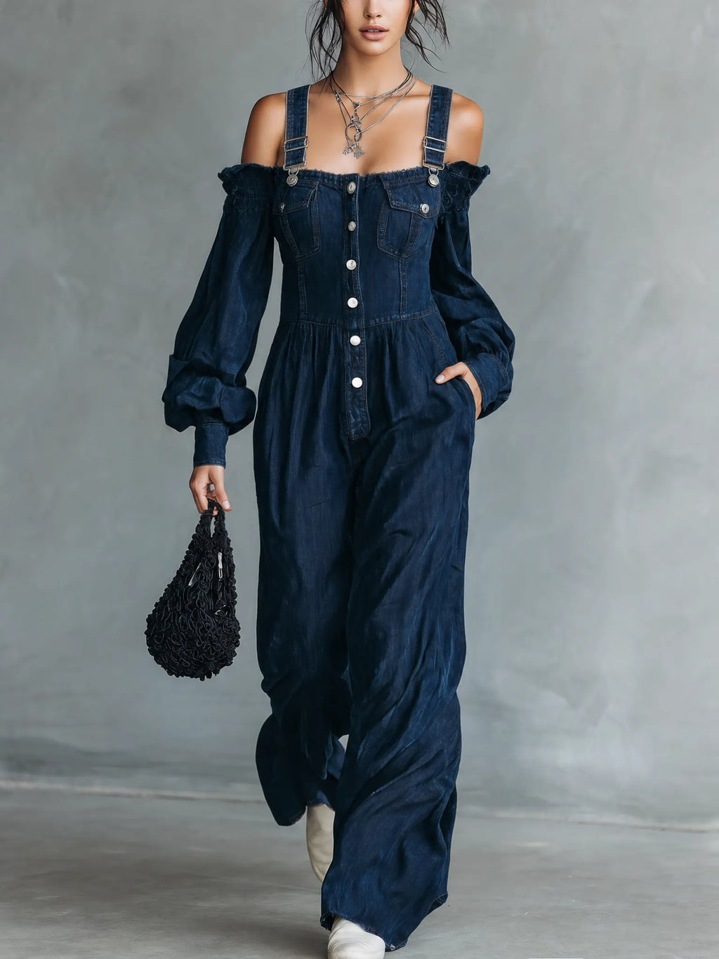 Women's Casual Dark Blue Denim Long-sleeve Overall Jumpsuit MDZ2425G0LXY