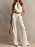 Vintage Boho White Halter Wide-Leg One Piece Jumpsuit