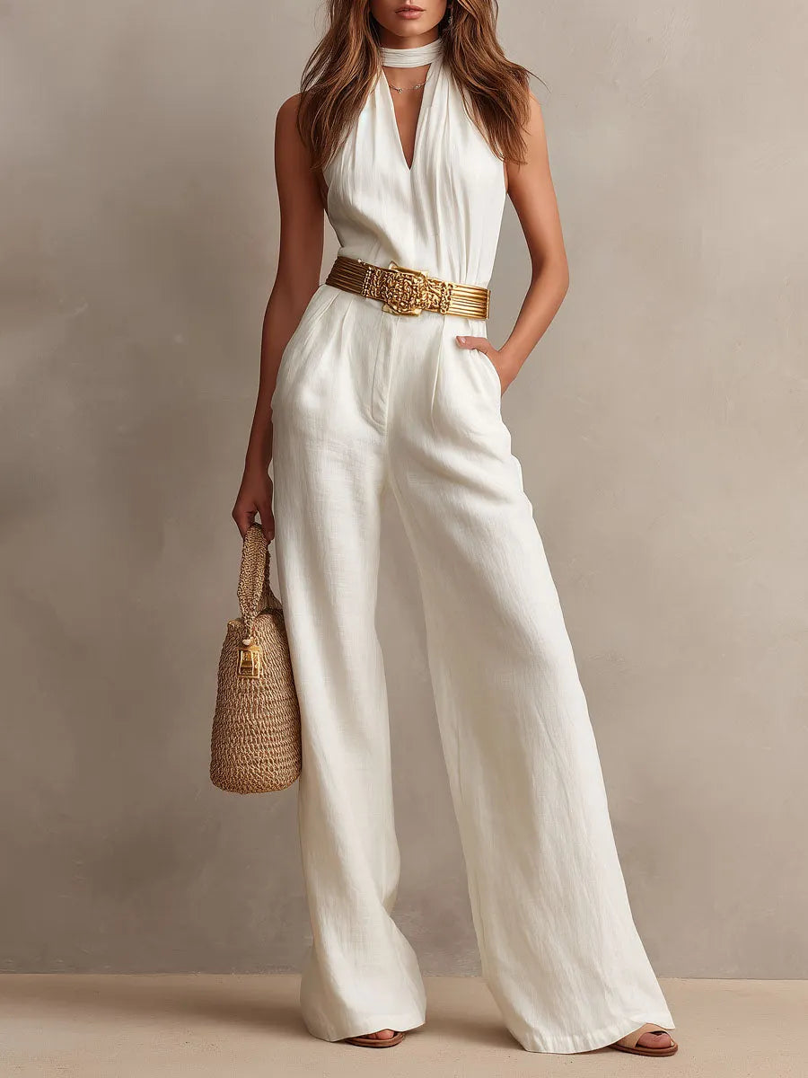 Vintage Boho White Halter Wide-Leg One Piece Jumpsuit