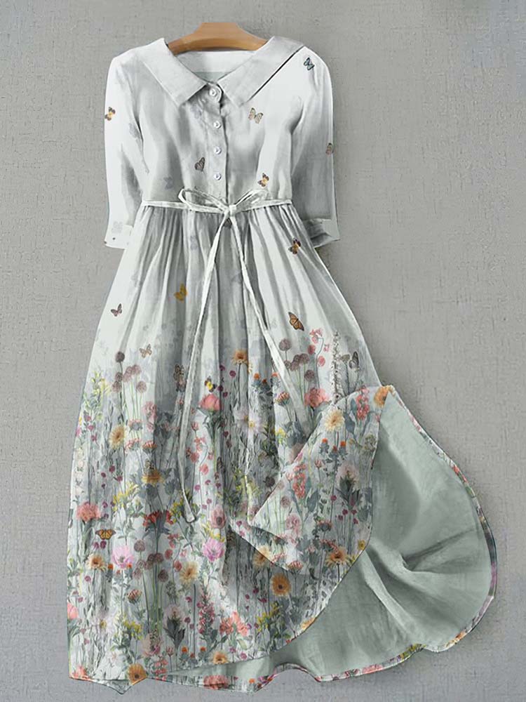 Retro Flowers And Butterflies Graphics Print Lace-Up Dress