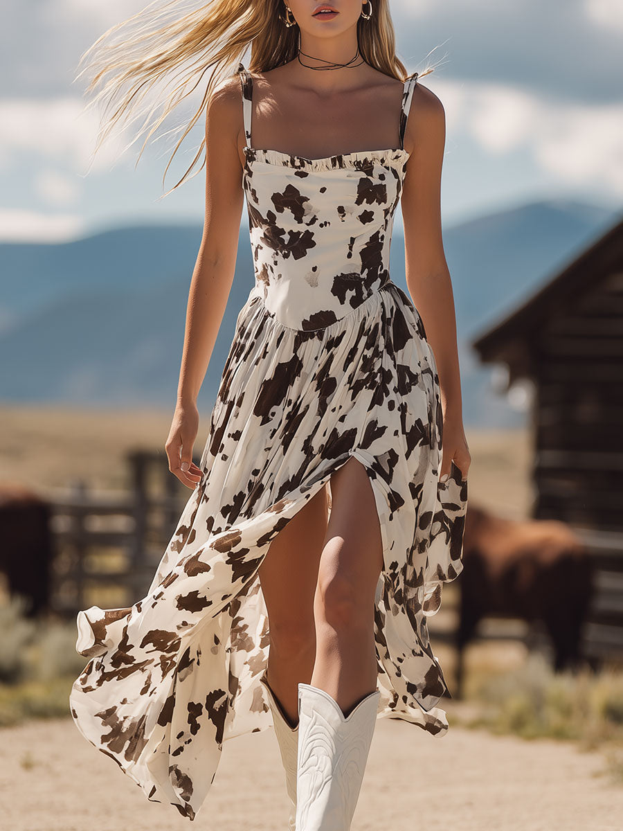 Western Cow Print  Sleeveless Ruffled Midi Dress