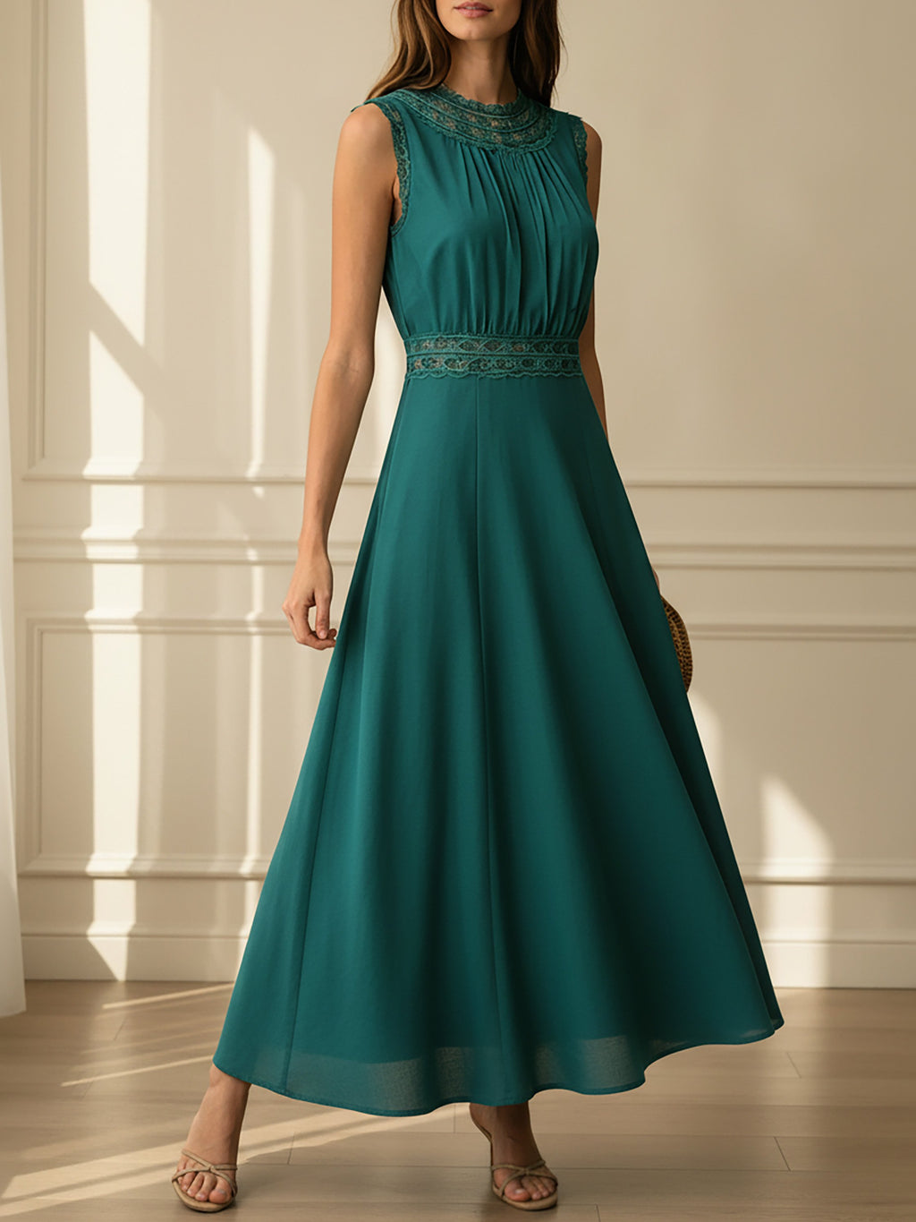 Maxi Linen Dress, Sleeveless, Crew Neck, Lace, Vintage, Green