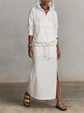 Women's Ivory Lightweight Cotton Matching Outfit With Adjustable Waist Hooded Pullover & High Side Slit Midi Skirt, Versatile Streetwear Two Piece Set MDZ2282G9LYL