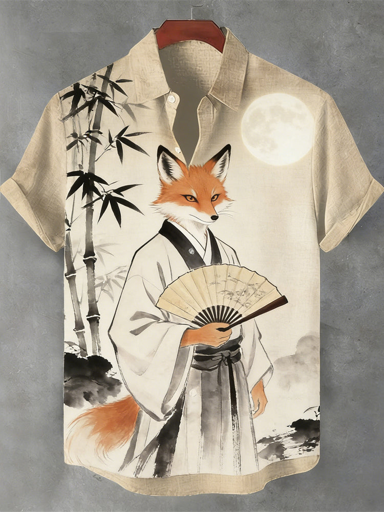 Japanese Fox Pattern Vintage Men's Linen Short Sleeve Shirt