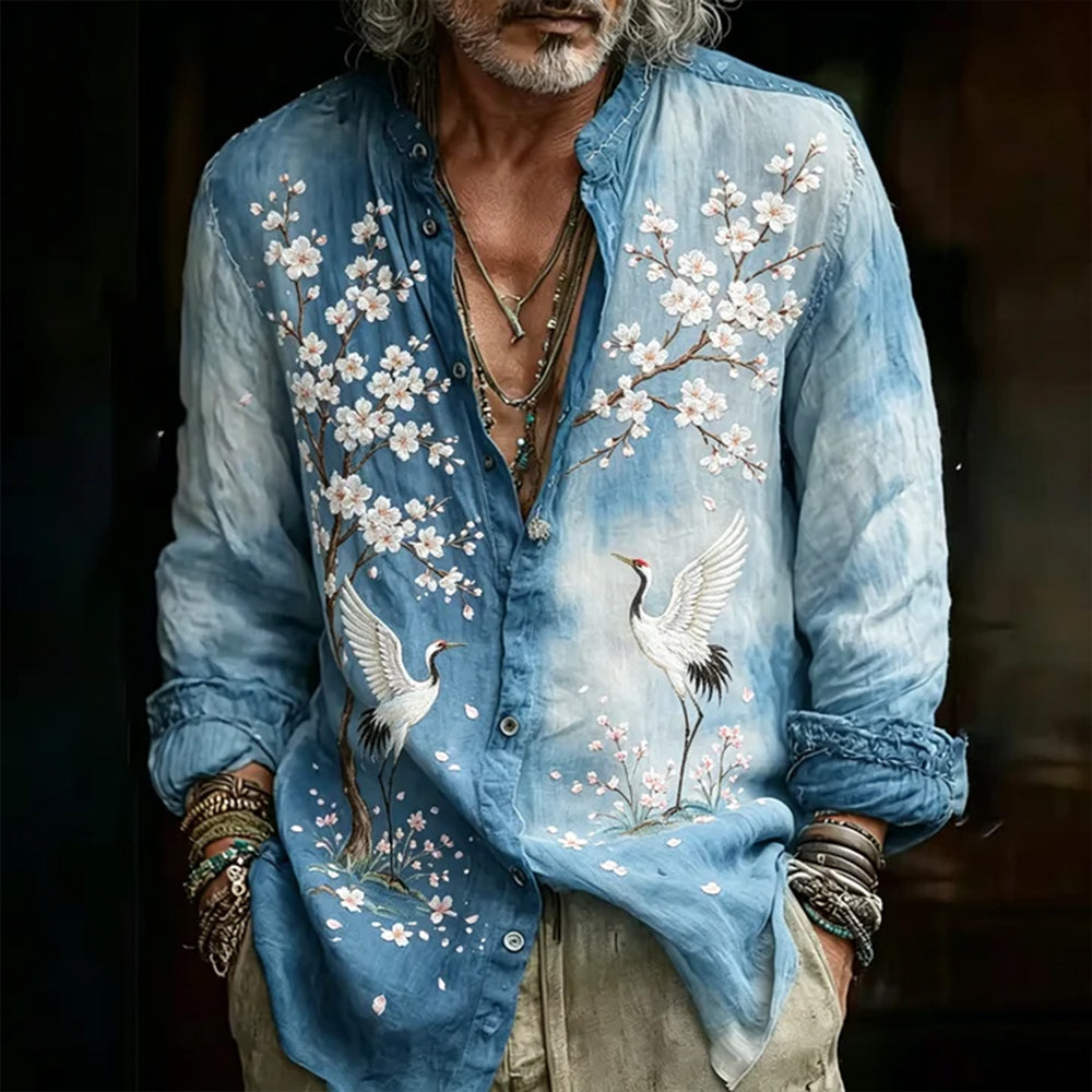 Vintage-style Cherry Blossom And Crane Traditional Embroidery Art Tie-dye Open-front Long Sleeve Shirt