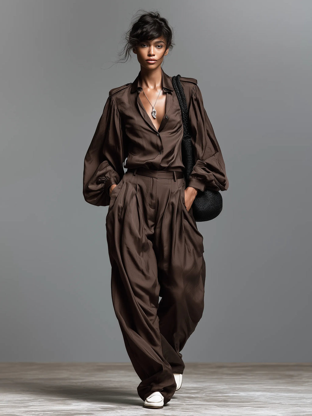 Women's Minimalist Matte Satin Long-Sleeve Shirt And Wide-Leg Trousers Set With Shoulder Epaulettes MDZ2044G0WY