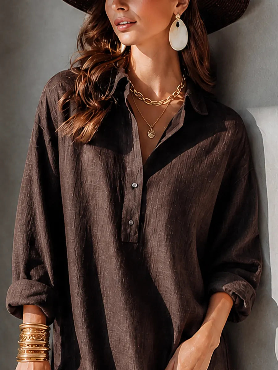 Women's Minimalist Dark Brown Cotton Linen Collared Half Open Placket Long Sleeve Short Shirt Dress MDZ0174G8GMJ