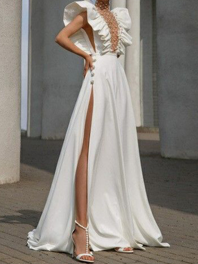 White Fluffy Sleeveless Beaded See-Through Split-Side Wedding Maxi Dress