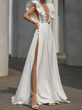White Fluffy Sleeveless Beaded See-Through Split-Side Wedding Maxi Dress