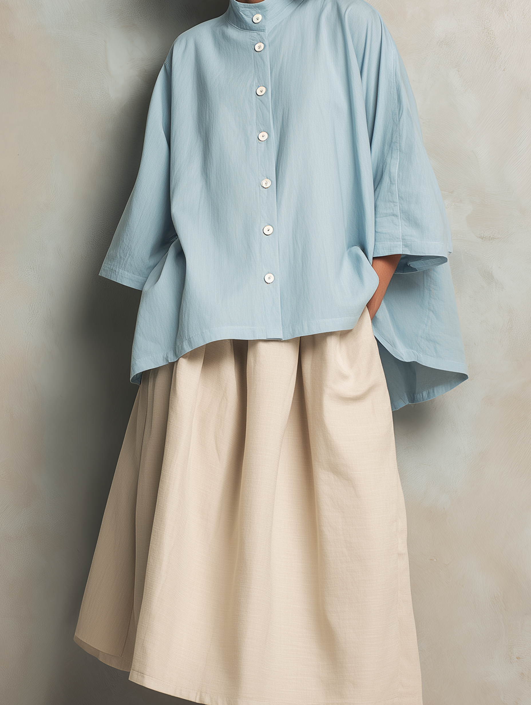 Women's Casual Light Blue Cotton-linen Long-sleeve Shirt Paired With A Khaki Cotton-linen Skirt MDZ2615F7LXY