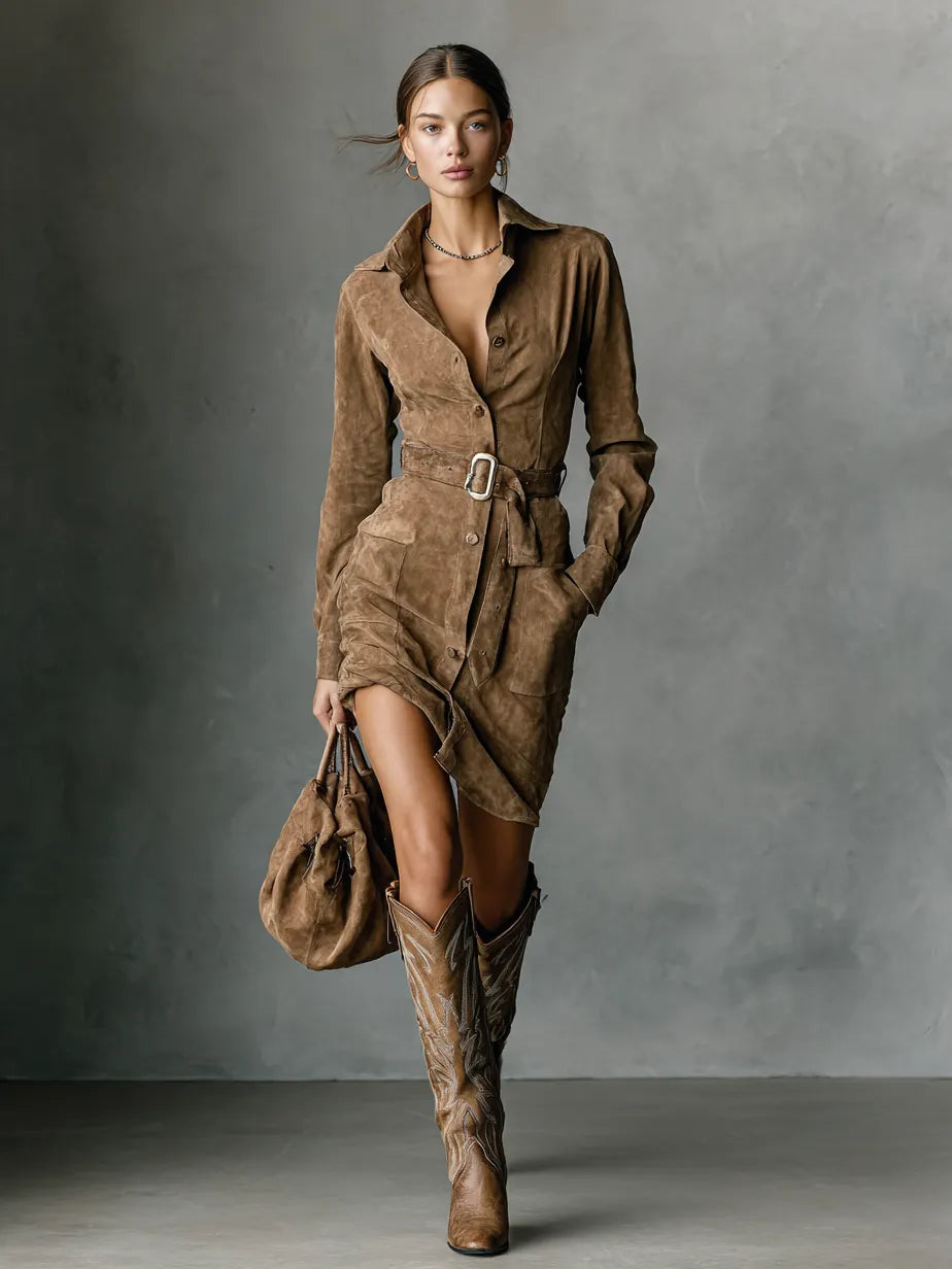 Women's Fashion Suede Single Breasted Lapel Long Sleeve Midi Dress MDA1867H7Y